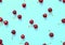 Big sweet cherry on a bright background. Cherries close up. Summer flat lay berry background. Top view cherry pattern