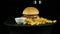 Big tasty burger with chicken, cola and fries potato