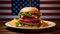 A big, tasty burger on a plate in a patriotic cafe, with an American flag in the background, not healthy food.
