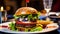 A big, tasty burger on a plate in a patriotic cafe, with an American flag in the background, not healthy food.