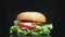 Big and tasty burger is rotating on the plate. Isolated footage