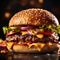 Big tasty cheeseburger with beef patty and fresh vegetables on a dark background.