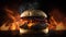 Big tasty cheeseburger on a dark background with fire flames.