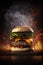 Big tasty cheeseburger on fire background. Close-up.