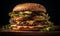 Big and tasty cheeseburger. Tempting and delicious. Dark background. AI Generative