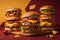 Big tasty cheeseburgers on a red background. Close-up. generative ai