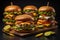 Big tasty cheeseburgers on a wooden board. Dark background. generative ai