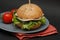 Big Tasty Helthy Homemade Hamburger on Gray Plate and Orange Napkin with Black Background