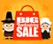 Big Thanksgiving Sale, card, poster or flyer for holiday. Funny Thanksgiving pilgrim boy, girl