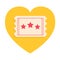 Big ticket with red stars. Heart shape. Admit one.I love movie cinema icon in flat design style. Yellow background. Isolated