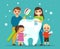 Big tooth with family. Happy smiling people, parents with children hold oral cavity care hygiene products toothpaste and