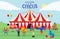 Big top circus and performers vector illustration. Trainers, athlete, wild animals monkey, bear, elephant, hare and lion