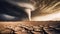 Big tornado storm above the desolate land. Dry cracked ground field and weather disasters caused by the global climate change.