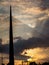 Big tower suspension bridge silhouette at sunset