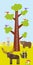 Big tree with green leaves, birds rabbit elk bear raccoon Children height meter wall sticker, kids measure. Vector