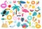 Big Tropical icon set with birds and flowers, flat, cartoon style. Exotic collection of design elements with toucan