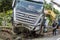 Big truck damaged during the accident on the road in Phu Quoc island, Vietnam