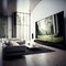 A big TV screen is mounted on the wall in a modern living room, creating a luxurious interior with the television set. Generated