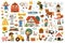 Big vector farm set. Rural icons collection with funny kid farmers, barn, country house, animals, birds, tractor, windmill, hay