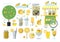 Big vector lemonade set. Flat illustration of glasses of lemonade, lemons cut and whole, lemon tree, lemonade cart, cake