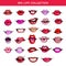 Big Vector lips set comic fashion emotions pop art style different color lipstick cosmetics isolated on white background