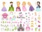 Big vector set of beautiful princesses, castle, carriage and accessories