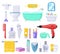 Big vector set with body care, personal hygiene products, bathroom fixtures.