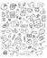 Big vector set of business icons. Isolated linear hand drawn doodles of finance and office work, money and technology