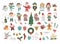 Big vector set of Christmas elements and children, Santa Claus in red hat with sack, angel, nutcracker, Christmas tree isolated on