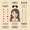 Big vector set of dress up constructor with different woman glasses, lips etc in flat style. Female faces icon creator.