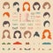 Big vector set of dress up constructor with different woman haircuts, glasses, lips etc. Flat faces icon creator.