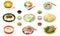 Big vector set of korean dishes in bowls, plates, sauces, condiments, chopsticks, spoons.