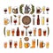 Big vintage set of beer objects. Various types of beer glasses and mugs, barrel, bottle, beer tap. Vector illustration