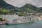 Big warship with its staff on the deck in the port