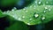 Big water drops on green leaf, sun defocused macro shot, nature landscape background