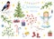 Big watercolor set `Christmas Miracle`. Christmas angel, cute bullfinch, tree, mistletoe, sprig of viburnum, gifts, stars, stockin