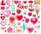 Big watercolor set for Valentine`s day. Lips, heart, love, candy, cake, letter, gift and other cute hand drawn elements