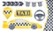Big watercolour illustration pack on Taxi Service theme with racing car, roof light, map marker, directional arrows, border with c