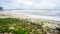 Big wave of blue ocean on sandy beach with plastic garbage and medical waste materials