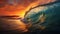 Big wave is crashing into a beautiful sunset inside the waves view