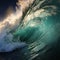 Big wave in the ocean. Raging sea, surfing wave. Landscape of a water whirlpool.