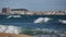 Big waves on the beach, Spanish Costa Brava near town Palamos