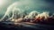 big waves destroys city, tsunami illustration, ai generated image