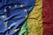 big waving realistic national colorful flag of european union and national flag of mali