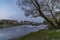 Big weir in Roznov part of Budweis city in autumn dark misty evening