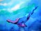 Big whale diving swimming in deep blue ocean sea watercolor painting