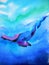 Big whale diving swimming in deep blue ocean sea watercolor painting