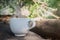 Big white cup coffee or hot drink on the rock under tree shade