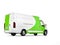Big white delivery van with green details - tail view