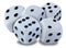 Big white dices in a pile - thrown in a craps game, yatzy or any kind of dice game against a white background with drop shadows